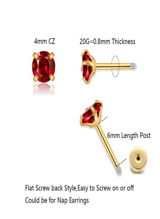 Renkovte Small CZ Stud Flatback Earrings for Women,Dainty Flat Screw Back Cartilage Earring Stud,Helix Conch Tragus Piercing Jewelry,Tiny Cubic Zirconia Studs Hypoallergenic (4mm Gold, Red CZ) - Image 2